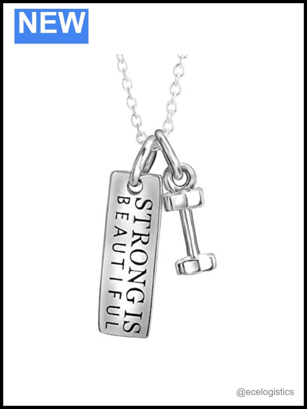 Sterling Silver Strong Is Beautiful Dumbbell Barbell Pendant Necklace 18 Inch
